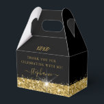 Birthday Black Gold Glitter Confetti Bedankdoosjes<br><div class="desc">De Elegant-partij gunt een doos met een gele goudglittergrens en confetti sprinkles op een zwarte achtergrond met een aangepaste tekst, perfect voor een moderne en chic verjaardag, bat mitzvah, Quinceañera, vrijgezellenfeest, baby shower of bachelorette party. Klik OP VERDER AANPASSEN om de lettertypen, kleuren en lay-out te wijzigen in een leuke...</div>