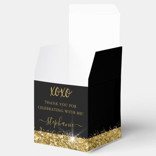 Birthday Black Gold Glitter Confetti Square Bedankdoosjes (Geopend)
