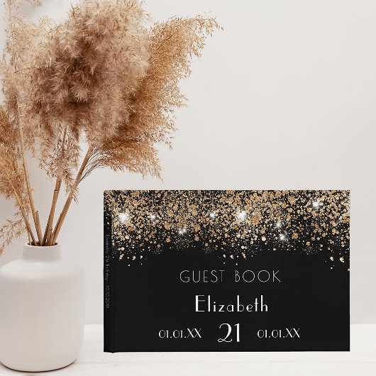 Birthday black gold glitter dust monogram name gastenboek