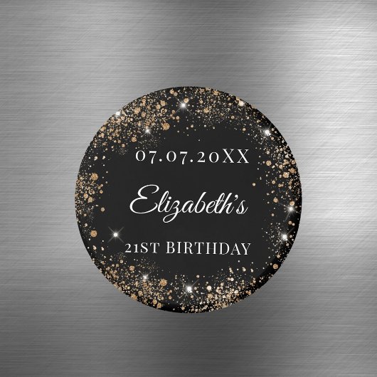 Birthday black gold glitter name date magneet