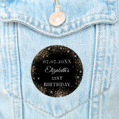 Birthday black gold glitter name date ronde button 3,2 cm
