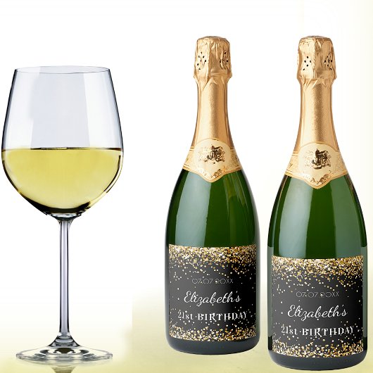 Birthday black gold glitter stofnaam sparkling wijnetiket
