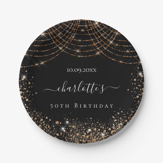 Birthday black gold glitter-stofnaamscript papieren bordje (Voorkant)