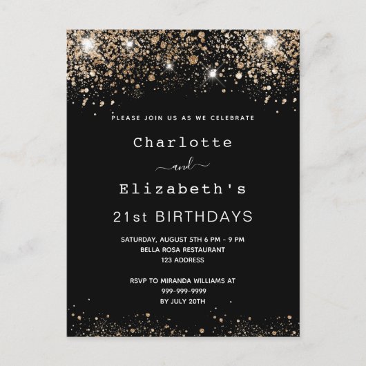 Birthday black gold glitter twee vrienden uitnodiging briefkaart (Voorkant)