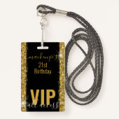 Birthday Black Gold Glitter VIP Party Invitation Badge (Voorkant met draagriem)