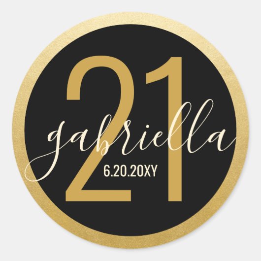 Birthday Black Gold Modern Name Date Custom Age Ronde Sticker (Voorkant)