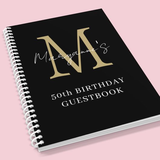 Birthday Black Gold Monogram naam gastboek Notitieboek