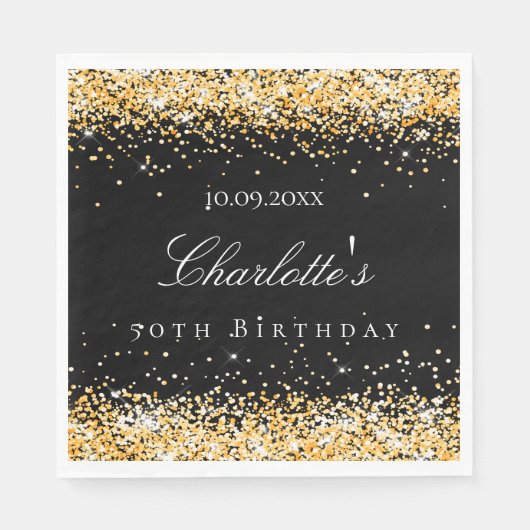Birthday black gold name elegant luncheon servet (Voorkant)