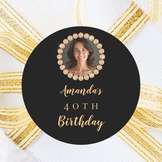 Birthday black gold photo diamonds ronde sticker