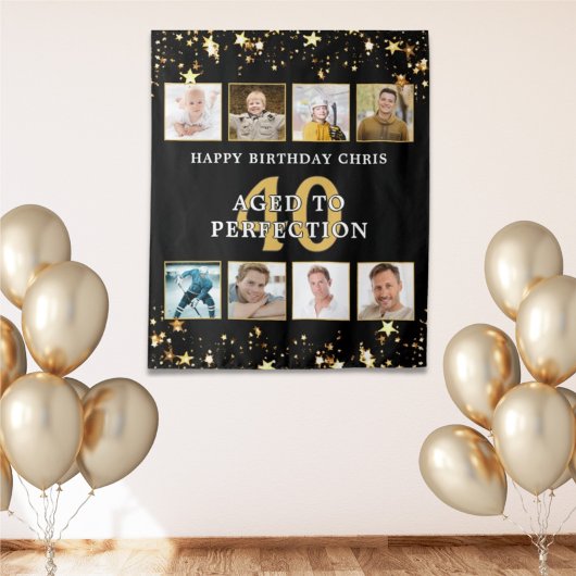 Birthday Black Gold Stars 8 Foto gepersonaliseerd Wandkleed