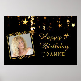 Birthday Black Gold Stars Foto gepersonaliseerd Poster