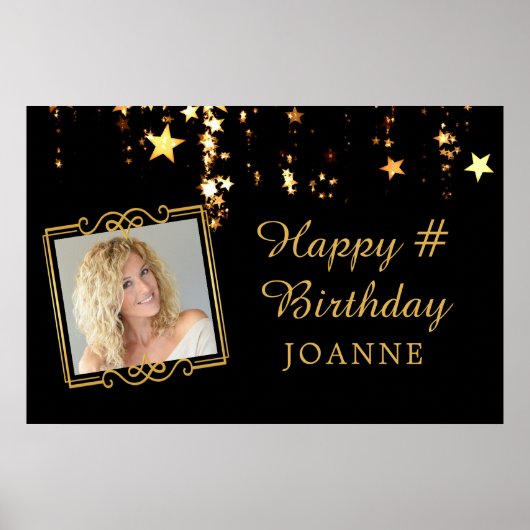 Birthday Black Gold Stars Foto gepersonaliseerd Poster (Voorkant)