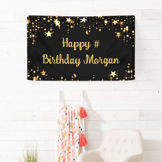 Birthday Black Gold Stars script op maat Spandoek (Insitu)