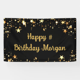 Birthday Black Gold Stars script op maat Spandoek