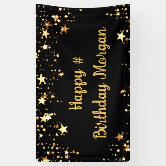 Birthday Black Gold Stars script op maat Spandoek (Verticaal)