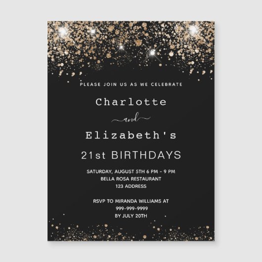 Birthday Black gold twee personen bevriend met lux Magnetische Uitnodiging (Voorkant)