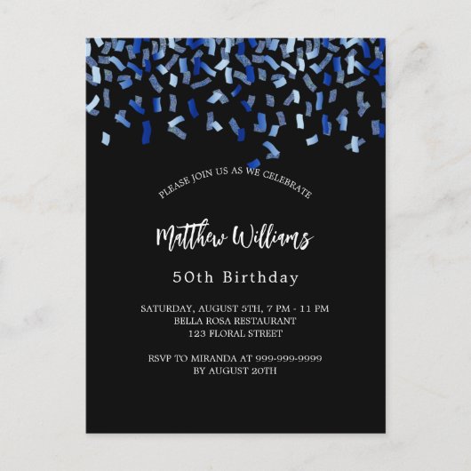 Birthday Black marvy blue confetti Uitnodiging Briefkaart (Voorkant)