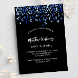 Birthday Black marvy blue confetti Uitnodiging Briefkaart<br><div class="desc">Een moderne,  elegante en uitnodiging. Een zwarte achtergrond met een blauwe confetti. Pas een naam en details aan en voeg deze toe. Witte tekst.</div>
