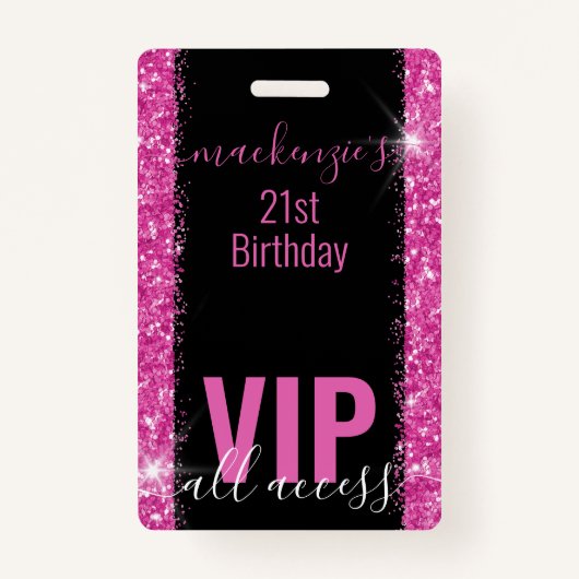 Birthday Black Pink Glitter VIP Party Invitation Badge (Voorkant)