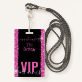 Birthday Black Pink Glitter VIP Party Invitation Badge (Voorkant met draagriem)