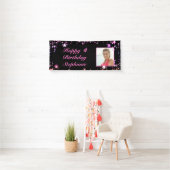 Birthday Black Pink Stars Foto gepersonaliseerd Spandoek (Insitu)