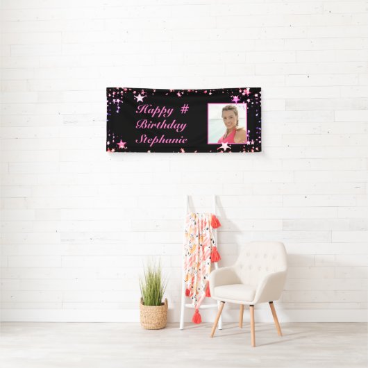 Birthday Black Pink Stars Foto gepersonaliseerd Spandoek (Insitu)