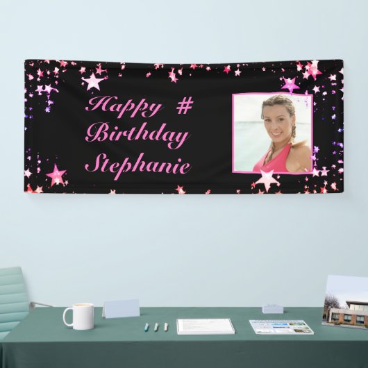 Birthday Black Pink Stars Foto gepersonaliseerd Spandoek (Beurs)