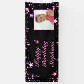 Birthday Black Pink Stars Foto gepersonaliseerd Spandoek (Verticaal)