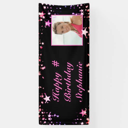 Birthday Black Pink Stars Foto gepersonaliseerd Spandoek (Verticaal)