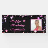 Birthday Black Pink Stars Foto gepersonaliseerd Spandoek (Horizontaal)