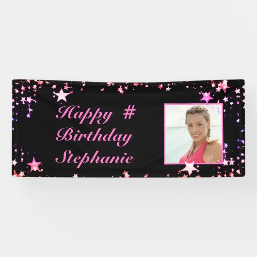 Birthday Black Pink Stars Foto gepersonaliseerd Spandoek (Horizontaal)