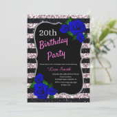 Birthday Black Pink Stripes Glitter Deep Blue Roos Kaart (Staand voorkant)
