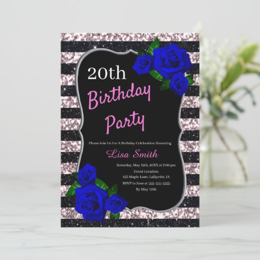 Birthday Black Pink Stripes Glitter Deep Blue Roos Kaart (Staand voorkant)