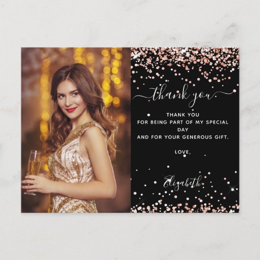 Birthday Black roos Gold foto bedankt Briefkaart (Voorkant)