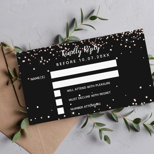 Birthday Black roos Gold glitter RSVP Informatiekaartje