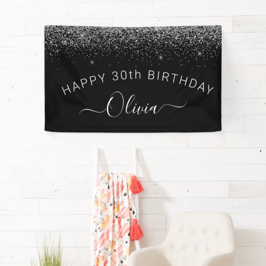 Birthday Black Silver Any Age Glitter Girly Spandoek (Insitu)