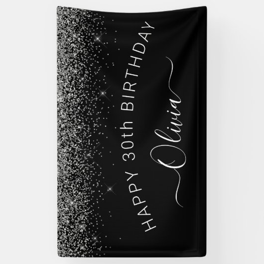 Birthday Black Silver Any Age Glitter Girly Spandoek (Verticaal)