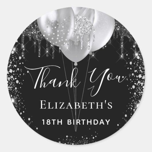 Birthday Black Silver Glitter-naam bedankt Ronde Sticker (Voorkant)