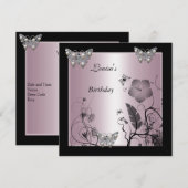 Birthday Black Silver Pearl Butterfly Party Pink Kaart (Voorkant / Achterkant)