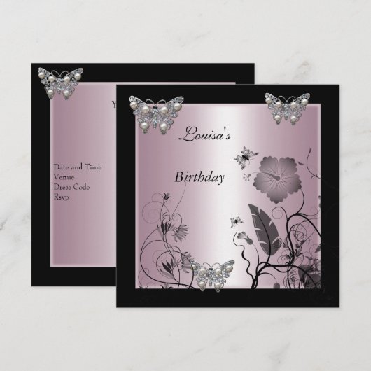 Birthday Black Silver Pearl Butterfly Party Pink Kaart (Voorkant / Achterkant)