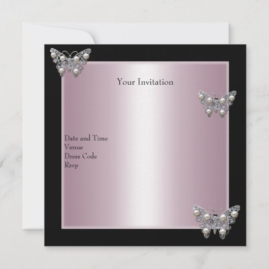 Birthday Black Silver Pearl Butterfly Party Pink Kaart (Achterkant)