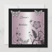Birthday Black Silver Pearl Butterfly Party Pink Kaart (Voorkant)