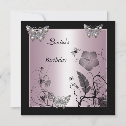 Birthday Black Silver Pearl Butterfly Party Pink Kaart (Voorkant)