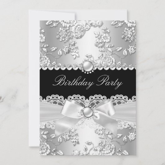 Birthday Black White Damask Roos Silver 2 Kaart (Voorkant)