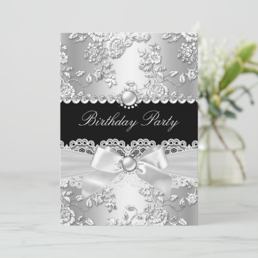 Birthday Black White Damask Roos Silver 2 Kaart (Staand voorkant)