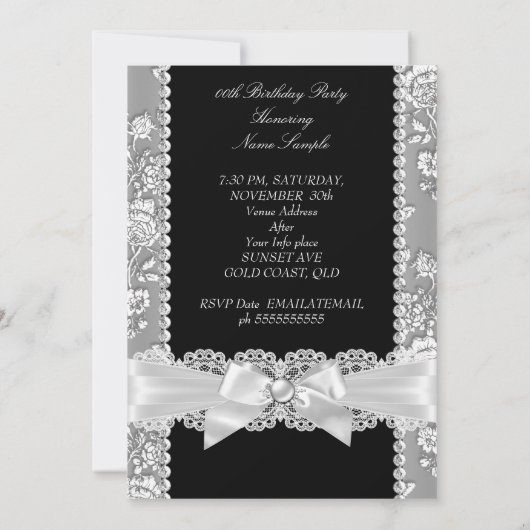 Birthday Black White Damask Roos Silver 2 Kaart (Achterkant)