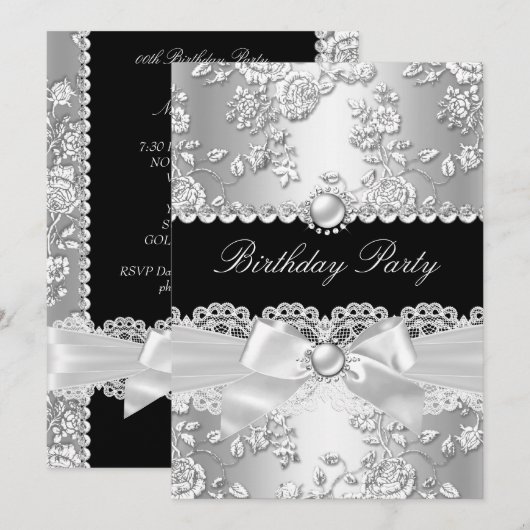 Birthday Black White Damask Roos Silver 2 Kaart (Voorkant / Achterkant)