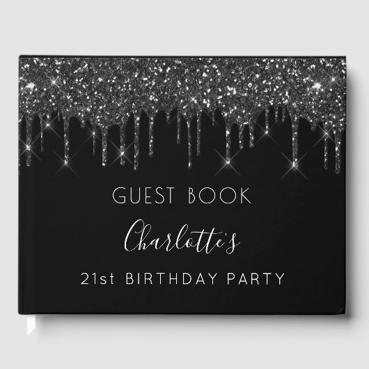 Birthday black white glitter monogram gastenboek (Voorkant)