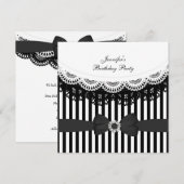 Birthday Black White Lace Bow Stripe Kaart (Voorkant / Achterkant)