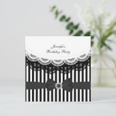 Birthday Black White Lace Bow Stripe Kaart (Staand voorkant)